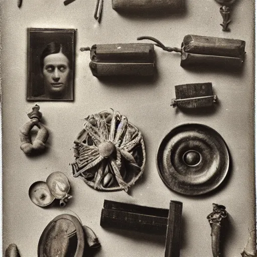 Image similar to Tintype photograph of primitive objects displayed in an ethnographic museum, archive material, anthropology,in the style of Marcel Duchamp, found objects, ready-made, 1920s studio lighting.