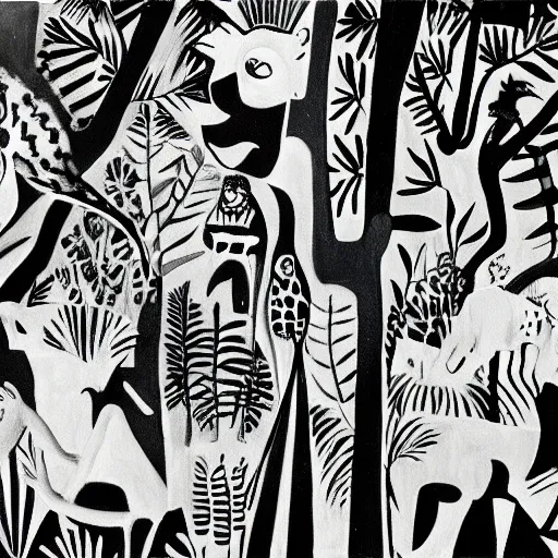 Prompt: black and white painting of the jungle with jungle animals, el guernica style,