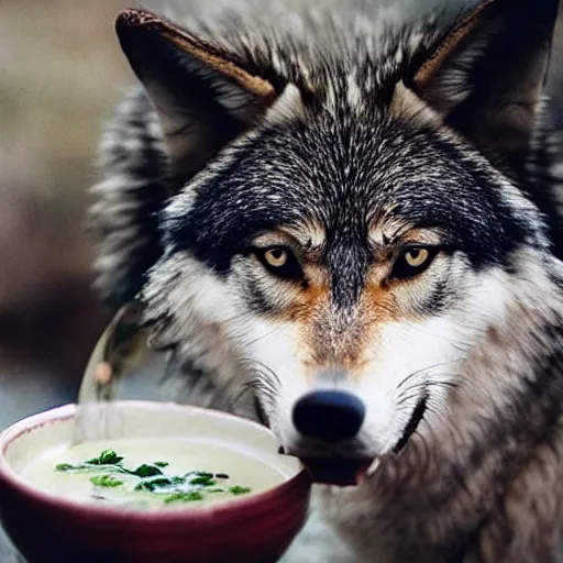 Prompt: photo of a wolf drinking licking soup