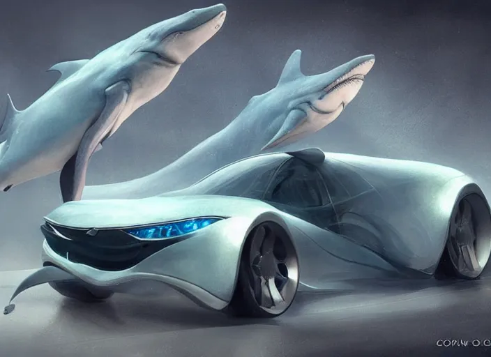 Image similar to beautiful concept design of a car that looks almost like a fish, a shark or a whale. car design by cory loftis, fenghua zhong, ryohei hase, ismail inceoglu, ruan jia, henrik fisker, bruce kaiser, scott robertson, dmitry mazurkevich, doruk erdem, and jon sibal. volumetric light