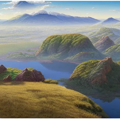 Prompt: A beautiful hyper realistic detailed matte painting of a serene landscape with rocky plains in the foreground and mountains in the background at late morning during spring, by Hiroshi Yoshida and Toshi Yoshida and Hasui Kawase, aerial view, view from above, unreal engine, trending on artstation, barometric projection, rectilinear, f8