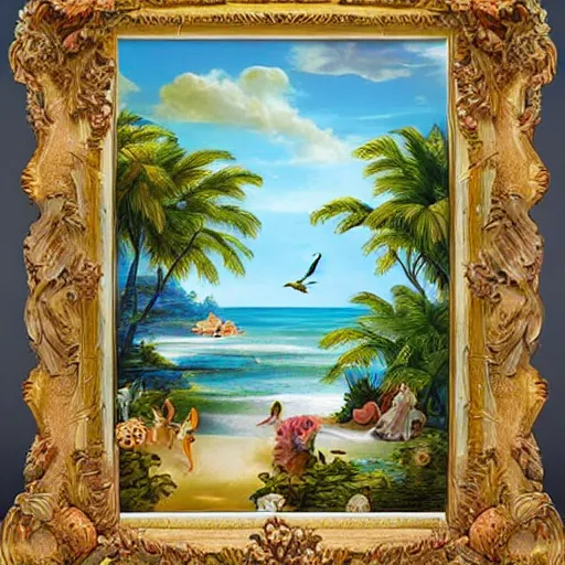 Image similar to tropical beach paradise, rococo art style, animals and birds, highly detailed
