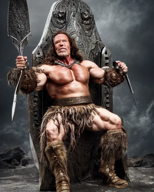 Image similar to arnold schwarzenegger as king conan, directed by john millius, photorealistic, sitting on a metal throne, wearing ancient cimmerian armor, a battle axe to his side, he has a beard and graying hair, on the floor in front of him is an armored komodo dragon, cinematic photoshoot in the style of annie leibovitz, studio lighting