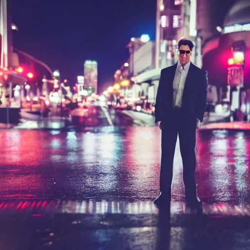 Image similar to a still of Tom Cruise. Shallow depth of field. City at night in background, lights, colors ,studio lighting, mood, 4K. Profession photography