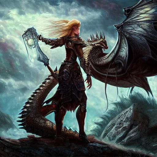 Image similar to breathtaking detailed concept art drawing of teenage girl in armor standing on the back of a dragon, art stand trend, very bright lights, ultra wide angle, 4 k
