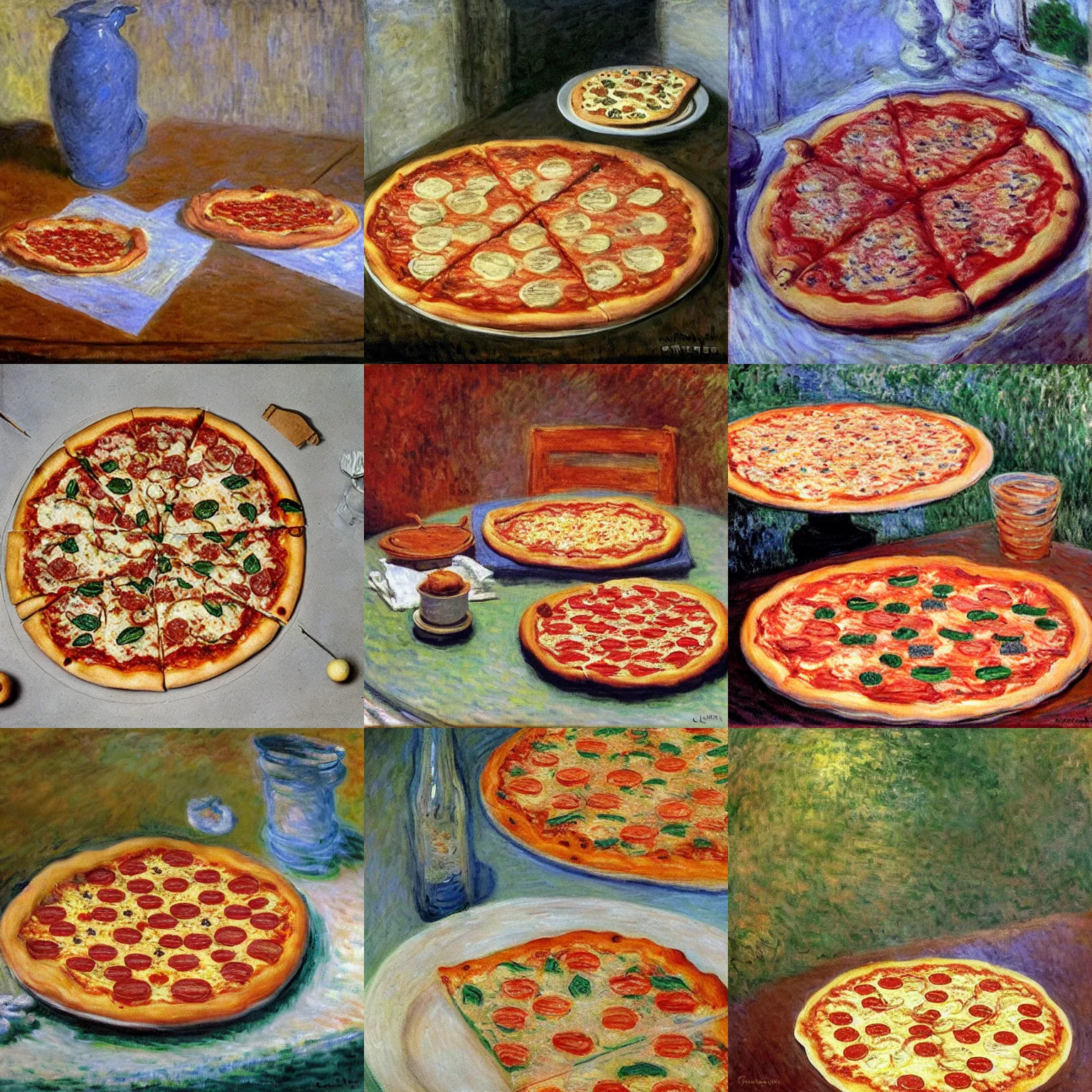 Prompt: Pizza on a table, by Claude Monet