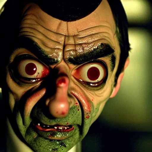 Image similar to mr. bean as zombie in the walking dead. movie still. cinematic lighting.