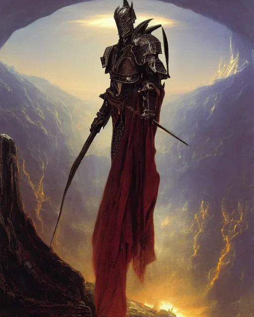 Prompt: A wizard. He has a very menacing expression. he wears robes and armour. Award winning oil painting by Thomas Cole and Wayne Barlowe. Highly detailed