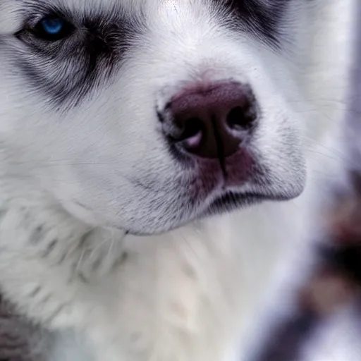 Image similar to A husky puppy with heterochromia , snowy environment, detailed close-up, 4k photo