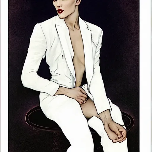 Image similar to pleasing portrait of androgynous ruby rose as desire from sandman in a white tuxedo!!!, rockabilly style,, by alphonse mucha, by jeremy mann, by peter lindbergh, dave mckean, by frank moth, white suit and black tie, soft lightning, high detailed, 8 k