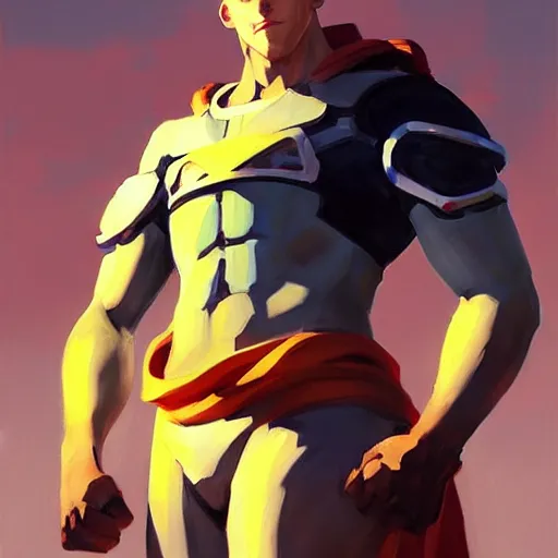 Image similar to Greg Manchess portrait painting of Saitama as Overwatch character, medium shot, asymmetrical, profile picture, Organic Painting, sunny day, Matte Painting, bold shapes, hard edges, street art, trending on artstation, by Huang Guangjian and Gil Elvgren and Sachin Teng