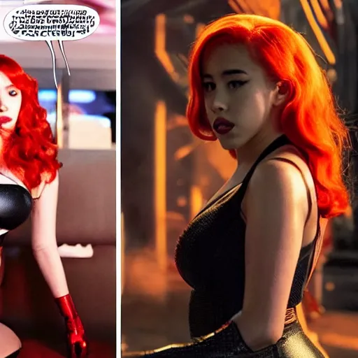 Image similar to Singer Kali Uchis as White as Marvel's Black Widow, red hair, excellent composition, cinematic atmosphere, dynamic dramatic cinematic lighting, precise correct anatomy, aesthetic, very inspirational, grindhouse
