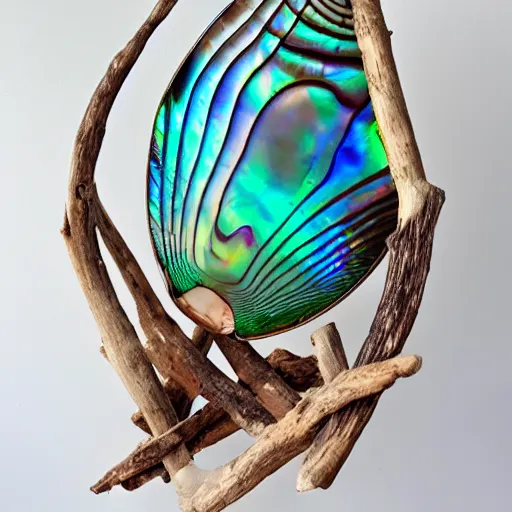 Prompt: beach chair made of large iridescent abalone shell, nacre, driftwood, sunny 35 mm product photo