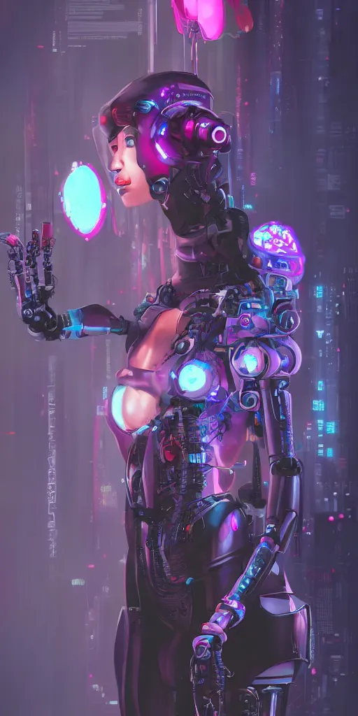 Prompt: a cyberpunk robot geisha sorceress, warcore, sharp focus, detailed, artstation, concept art, 3 d + digital art, wlop style, biopunk, neon colors, futuristic, neon noire, moody, d & d