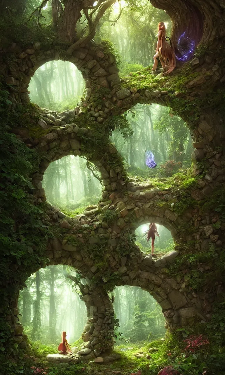 Image similar to Fantasy Magical fairy-tale stone portal in the forest. Round stone portal teleport in trees to other worlds. Fantastic landscape. Magic Altar in the fores, highly detailed, digital painting, artstation, concept art, smooth, sharp focus, illustration, art by artgerm and greg rutkowski and alphonse mucha