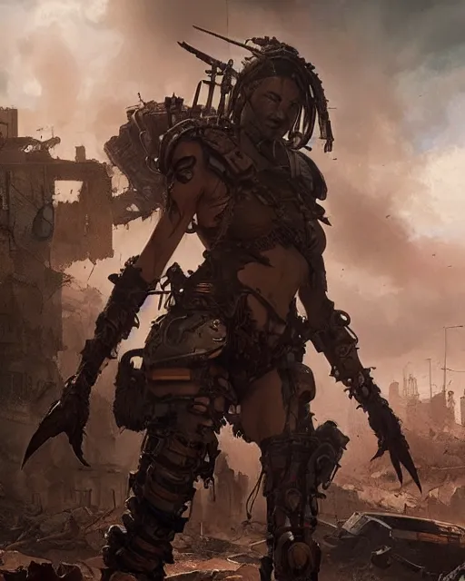 Image similar to hyper realistic photo of postapocalyptic nomad cyborg goddess, full body, cinematic, artstation, cgsociety, greg rutkowski, james gurney, mignola, craig mullins, brom