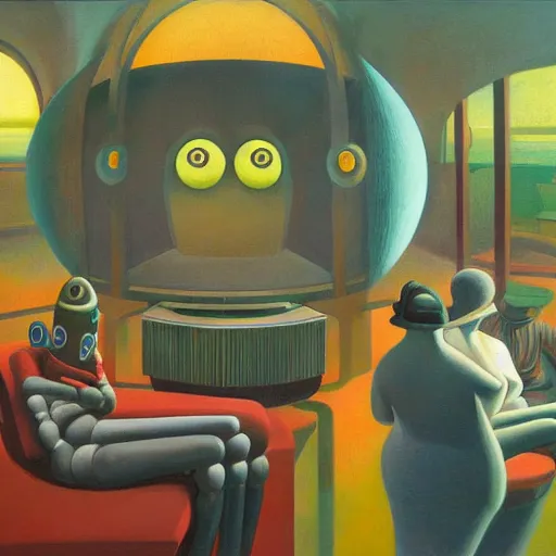 Image similar to three biomorphic robotic seers watchers oracles soothsayers with glowing eyes, inside a dome, pj crook, grant wood, edward hopper, syd mead, chiaroscuro, oil on canvas