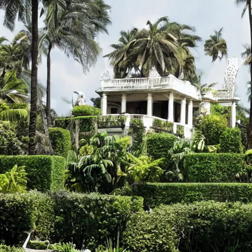 Image similar to The Mansion from Scarface (1983) being reclaimed by nature, in ruins, The world is yours statue