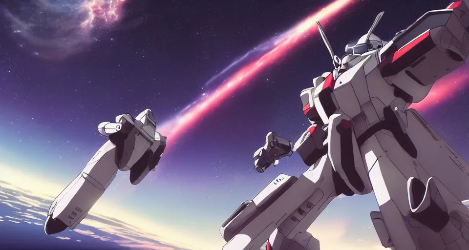 Prompt: RX-78-2 in the science fiction anime series gundam by makoto shinkai, flying through space, beautiful, interstellar, cinematic, shooting star