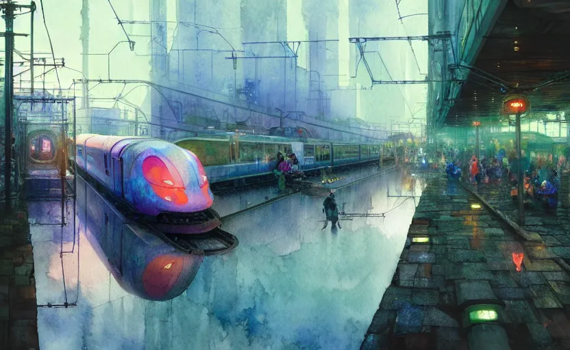 Image similar to an urban train rides inside of a waterway on a fantasy city. intricate, amazing composition, colorful watercolor, by ruan jia, by maxfield parrish, by marc simonetti, by hikari shimoda, by robert hubert, by zhang kechun, illustration, gloomy, volumetric lighting