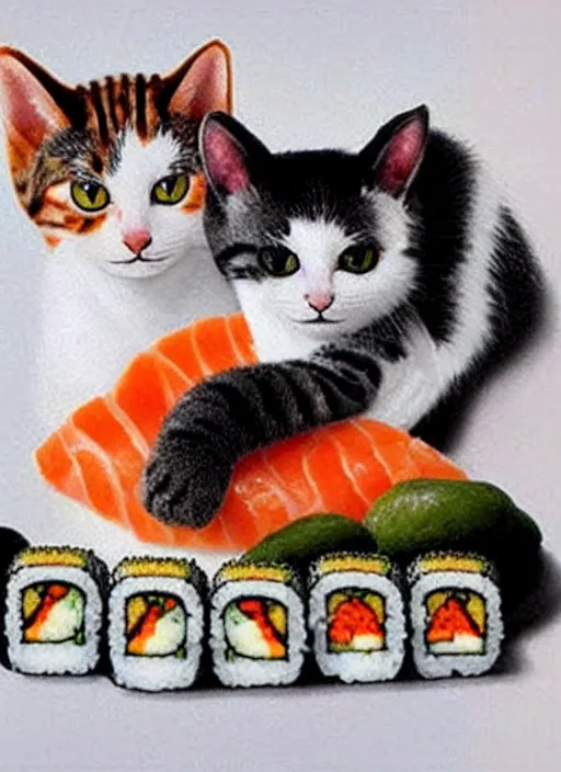 Image similar to clear photorealistic picture of adorable cats made out of sushi