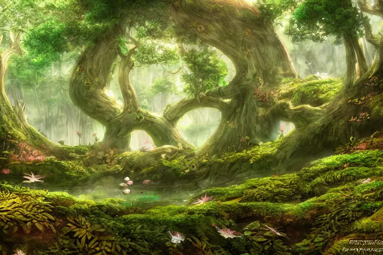 Image similar to fairy kingdom forest, miyazaki, nausicaa, high quality, high resolution, 4 k