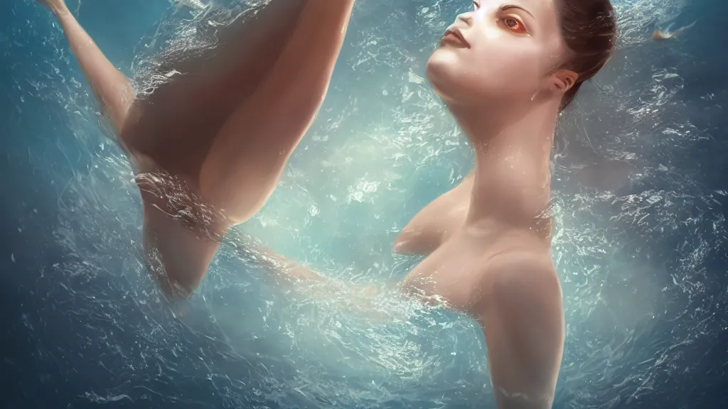 Prompt: a centered wide shot of an single lonely full body made water female humanoid swimming in the ocean depths, omnious , elegant, transluscent, reflections, focus, detailed, realistic eyes, horizontal partial symmetry features proportions, intricate facial skin details, award winning, trending in cgsociety artstation deviant art, octane render