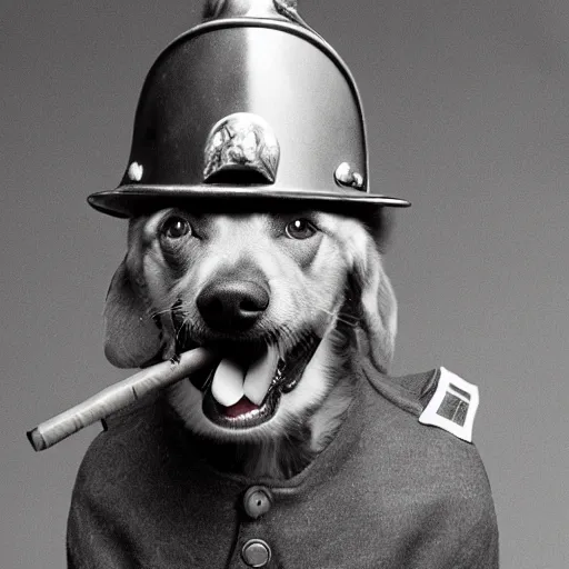 Prompt: dog with military helmet and cigar in mouth