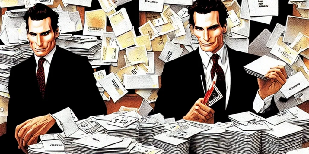 Prompt: patrick bateman, detailed fantasy art, sitting with stacks of business cards, american psycho