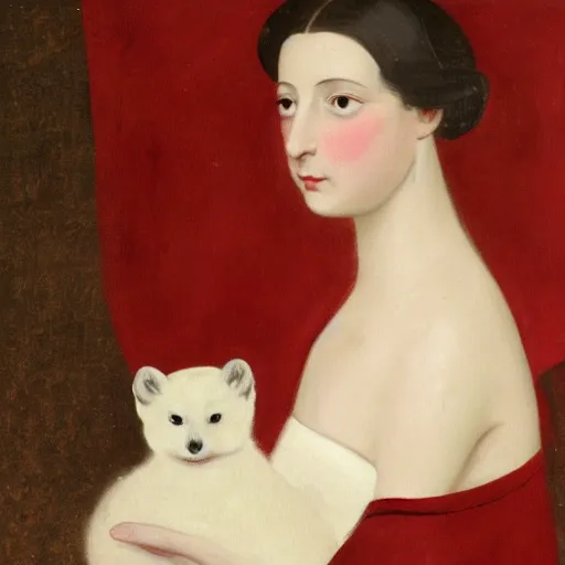 Image similar to painting of a woman seated in profile, holding a small white ermine in her left hand. She is dressed in a lavish red and gold gown, and her dark hair is pulled back from her face in a severe style. Her expression is one of calm detachment, and she stares straight ahead with a slight smile on her lips.