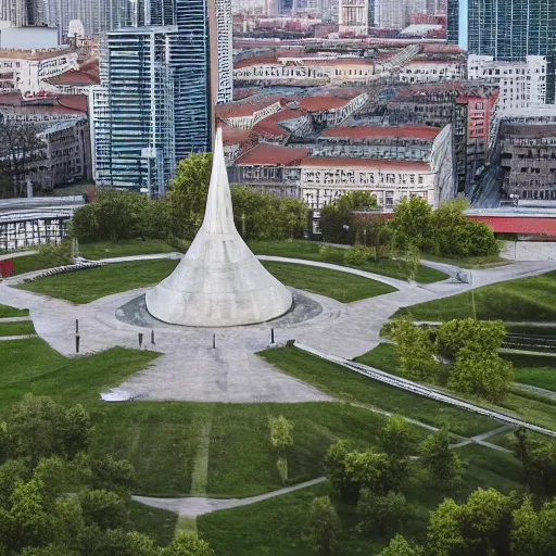 Prompt: aerial view of brutalist extensive monument ( ( ( ( ( park ) ) ) ) ) spomenik with ( ( railings ) ) photo, 4 k