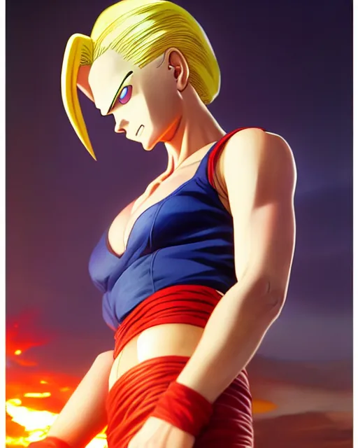 Image similar to photo of android 1 8 from dragon ball z, android 1 8 by a - 1 pictures, by greg rutkowski, gil elvgren, glossy skin, pearlescent, anime, maxim magazine,