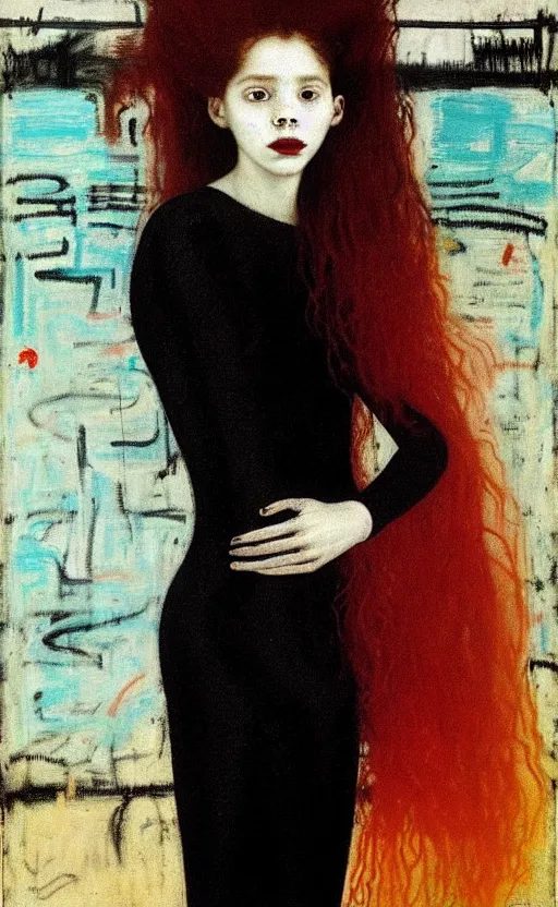 Image similar to portrait of a girl with long red hair in a black dress, under water, very beautiful style, girl wrapped in a leather salafan bag in black, jean - michel basquiat, photorealism, edgard maxence,