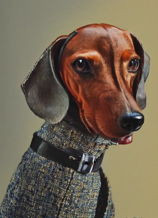 Image similar to dachshund with a raised highbrow, wearing a tweed jacket, wearing a monocle | highly detailed | very intricate | elaborate outfit | symmetrical | cinematic lighting | award - winning | closeup portrait | painted by donato giancola and mandy jurgens and charlie bowater | featured on artstation