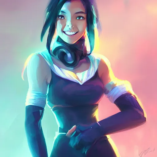 Image similar to portrait of valorant character called Tala Nicole Dimaapi Valdez, valorant character Neon, beautiful, smiling, by guweiz and loish