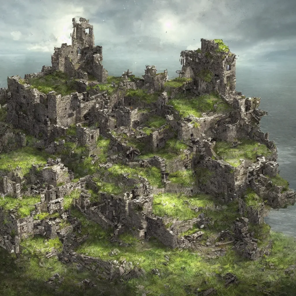 Image similar to looking up at a ruined castle on a small island only reachable by a small land bridge, 8 k, ultra realistic cinematic, intricate, cinematic light, concept art, illustration, art station