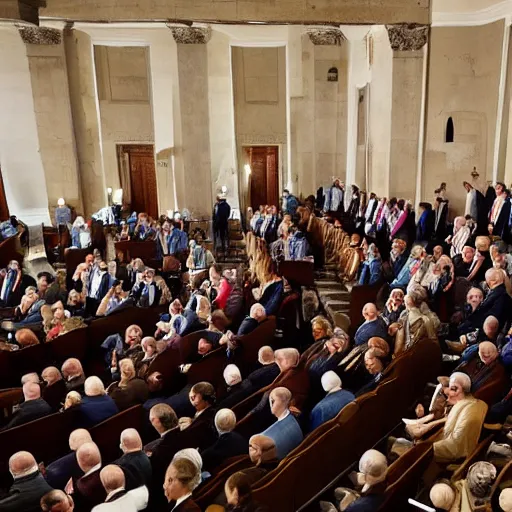 Prompt: congress assembling in an old stone building, applauding their new leader