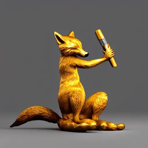 Prompt: gold plated statue of a fox holding a microphone, trending on artstation