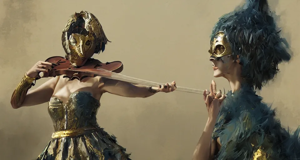 Image similar to craig mullins and ghibli digital art of a masked female play violin ， exotic costumes, gold jewelry, black hair, realistic shading, cinematic composition, realistic render, octane render, detailed textures, photorealistic, wide shot