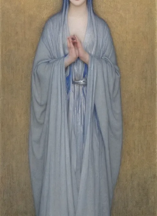 Image similar to thin young beautiful girl with silver hair, pale!, wearing robes, wearing hair, goddess, young cute wan asian face, silver robes!!, oil on canvas by jean delville, 4 k resolution, aesthetic!,