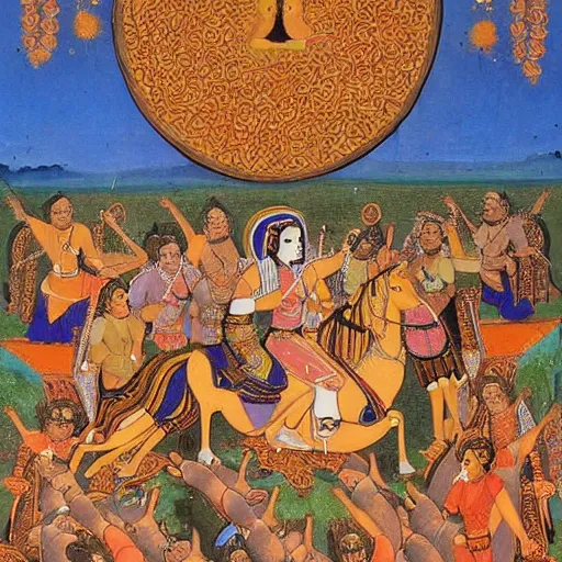 Image similar to woman warrior ascends to godhood. warriors watch in astonishment, holy mughal art painting by govardhan