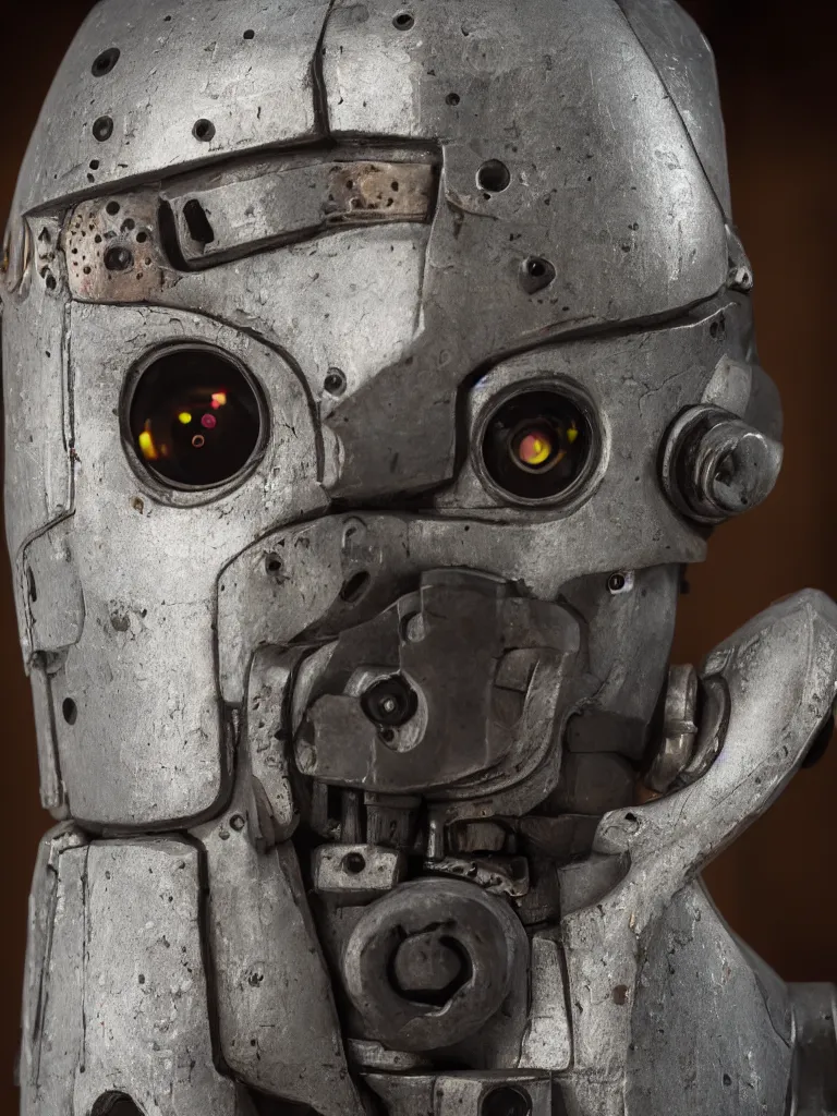 Image similar to closeup of a peaceful friendly cyberpunk rustic robot head, sigma 55mm f/8