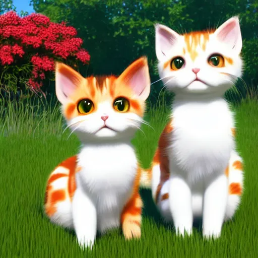 Prompt: two cute calico cats looking at eachother outside in the grass on a beautiful day, artstation, cgsociety, storybook art