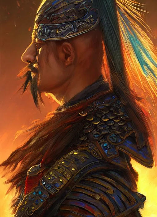 Image similar to chinese warrior hair curtains, looking down, dndbeyond, bright, colourful, realistic, dnd character portrait, full body, pathfinder, pinterest, art by ralph horsley, dnd, rpg, lotr game design fanart by concept art, behance hd, artstation, deviantart, hdr render in unreal engine 5