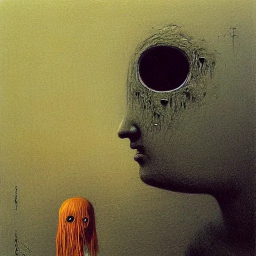 Image similar to cute girl alien meets human boy from Earth by Beksinski