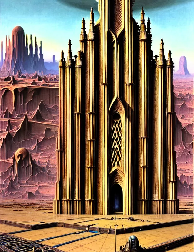 Image similar to close shot of a giant immense tomb gothic architecture advanced technology scifi architectural structure desert planet, fantasy, elevator, side ramp entrance, ambulance, smoke, dead bodies, guards intricate, painting by lucian freud and mark brooks, bruce pennington,