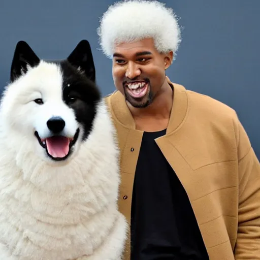 Image similar to kanye west and happy samoyed