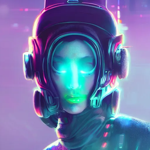 Image similar to cyberpunk concept cool warrior girl bot, galaxy, ufo, space sci - fi, wearing vr goggles, illustration, portrait, pastel neon textured background night, trending on artstation, greg rutkowski, octane rendered, 1 2 k, detailed,