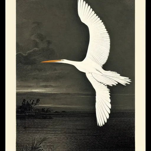 Image similar to a flying egret, by john-audubon and gustave-dore