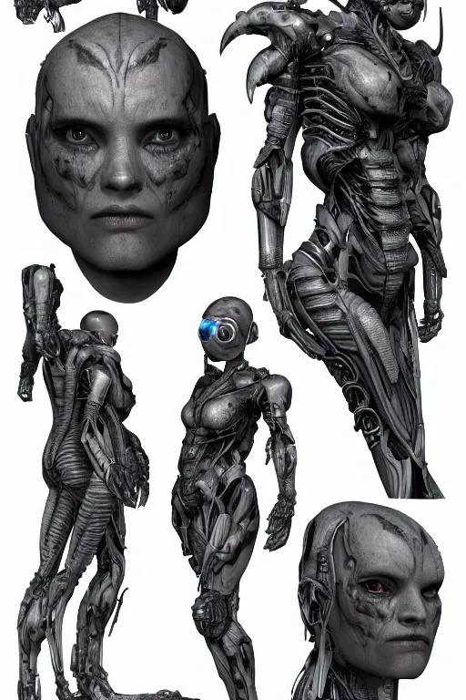 Prompt: cyborg norse goddess with gunmetal grey skin, medical anatomy, very symmetrical face, highly detailed, japanese mecha, three - perspective / three - view reference sheet ( front / back / side ), in the style of dan ouellette, dren from splice, hr giger, sil from species, artstation, unreal engine